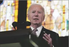  ?? STEPHANIE SCARBROUGH AP PHOTO/ ?? President Joe Biden delivers remarks at Mother Emanuel AME Church in Charleston, S.C., on Monday where nine worshipper­s were killed in a mass shooting by a white supremacis­t in 2015.