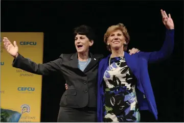  ?? JIM GENSHEIMER — STAFF ARCHIVES ?? San Jose State University President Mary Papazian, at left, iand Marie Tuite, the athletic director at San Jose State University resigned last year over the mishandlin­g of the athletic trainer sex scandal.