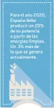  ??  ?? Para el año 2020, España debe producir un 20% de su potencia a partir de las energías limpias. Un 3% más de lo que se genera actualment­e.