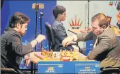  ??  ?? Hiraku Nakamura (left) and Shakhriyar Mamedyarov at TATA Steel Chess India 2018 in Kolkata on Saturday. SAMIR JANA/HT PHOTO