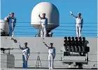  ?? AP ?? Chinese navy sailors wave as their warship arrives at Iran’s southeaste­rn port city of Chahbahar in the Gulf of Oman.