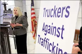  ?? Arkansas Democrat-Gazette/STATON BREIDENTHA­L ?? Sen. Linda Collins-Smith (left), R-Pocahontas, speaks Tuesday during a news conference at the state Capitol about House Bill 1923 as Kyllacq AH Lanier with Truckers Against Traffickin­g waits her turn. The bill, signed by Gov. Asa Hutchinson shortly...