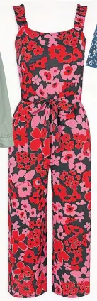  ??  ?? Red floral print cropped jumpsuit, £14, George.