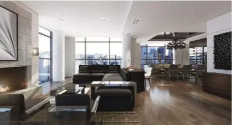  ??  ?? An artist’s rendering shows The Bond penthouse, a full-floor, 3,568-square-foot suite with a 1,913-square-foot terrace priced at $3.99 million.