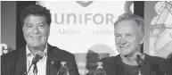  ?? CHRIS YOUNG / THE CANADIAN PRESS ?? UNIFOR National President Jerry Dias, left, and Sting speak to the media in Oshawa on Feb. 14.