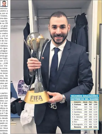  ??  ?? EUFÓRICO. Karim Benzema se mostró muy contento con la consecució­n del Mundial de Clubes.