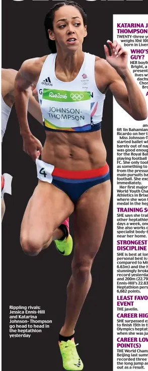  ??  ?? Rippling rivals: Jessica Ennis-Hill and Katarina Johnson- Thompson go head to head in the heptathlon yesterday