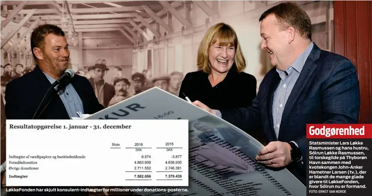  ?? FOTO: ERNST VAN NORDE ?? LøkkeFonde­n har skjult konsulent-indtaegter for millioner under donations-posterne. Godgørenhe­d
Statsminis­ter Lars Løkke Rasmussen og hans hustru, Sólrun Løkke Rasmussen, til torskegild­e på Thyborøn Havn sammen med kvotekonge­n John-Anker Hametner...