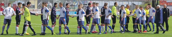  ?? Photograph­s and match report: Derek Black. ?? Players from Oban Saints and Colville Park shake hands before last Saturday’s Scottish Amateur Cup semi-final at New Douglas Park, home of Hamilton Accies.