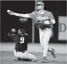  ?? Eric Christian Smith / Contributo­r ?? Texas shortstop Bryce Reagan, right, attempts a double play after forcing Rice's Braden Comeaux at second base during the first inning Tuesday night at Reckling Park. But the throw was too late to get the Owls’ Bradley Gneiting at first.