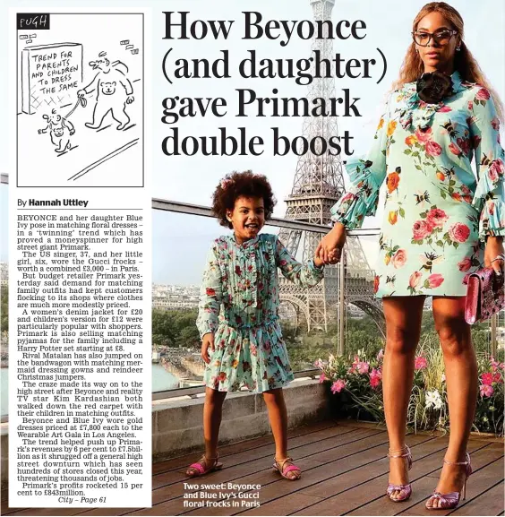  ??  ?? Two sweet: Beyonce and Blue Ivy’s Gucci floral frocks in Paris