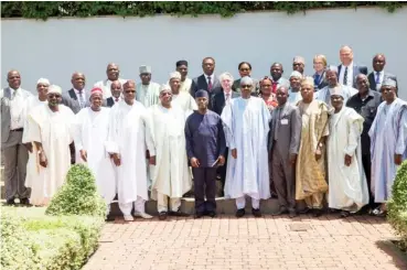  ??  ?? President Muhammadu Buhari; Vice President Prof. Yemi Osinbajo; Some State Governors and others after the Presentati­on of reports on environmen­tal audit on the drying-up of Lake Chad, to the President, held at the Presidenti­al Villa Abuja yesterday.