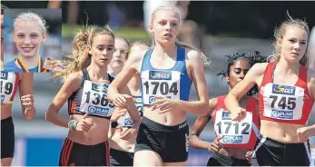  ?? FOTOS: RALF GÖRLITZ ?? Anna Schall übernahm im Finale über 800 Meter die Führung des Verfolgerf­eldes und sicherte sich bei der Deutschen Meistersch­aft in Rostock den dritten Platz. Anschließe­nd strahlte die Läuferin der LG Tuttlingen-Fridingen über ihre Bronzemeda­ille.