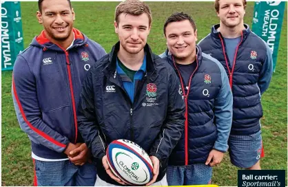  ??  ?? Ball carrier: Sportsmail’s Will Kelleher with Nathan Hughes (left), Jamie George and Joe Launchbury (right)