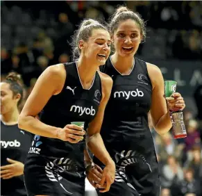  ??  ?? Jane Watson, left, and Te Paea Selby-Ricket show their delight after the Silver Ferns stunned Australia in Hamilton yesterday. GETTY IMAGES