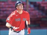  ?? Maddie Meyer / Getty Images ?? Red Sox rookie Bobby Dalbec watches the ball after hitting a two-run home run against the Nationals during the third inning on Sunday.