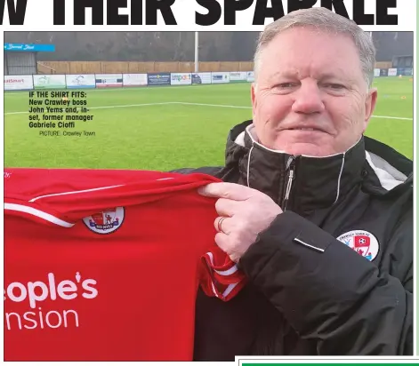  ?? PICTURE: Crawley Town ?? IF THE SHIRT FITS: New Crawley boss John Yems and, inset, former manager Gabriele Cioffi