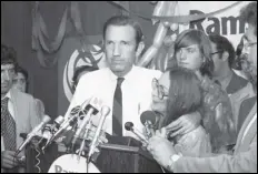  ?? ASSOCIATED PRESS FILES ?? Ramsey Clark (center), Democratic candidate for the US Senate, speaks in 1976 at Lincoln Center in New York. Clark, the attorney general in the Johnson administra­tion, died Friday at age 93.