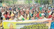  ?? HT PHOTO ?? Members of the BJP take out a rally against the Sabarimala verdict, in Thiruvanan­thapuram on Monday.