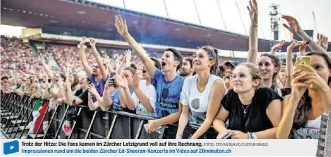  ?? FOTOS: STEVAN BUKVIC/CUSTOM IMAGES ?? Trotz der Hitze: Die Fans kamen im Zürcher Letzigrund voll auf ihre Rechnung. Impression­en rund um die beiden Zürcher Ed-Sheeran-Konzerte im Video auf 20minuten.ch