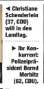  ??  ?? Christiane Schenderle­in (37, CDU) will in den Landtag. Ihr Konkurrent: Polizeiprä­sident BerndMerbi­tz (62, CDU).