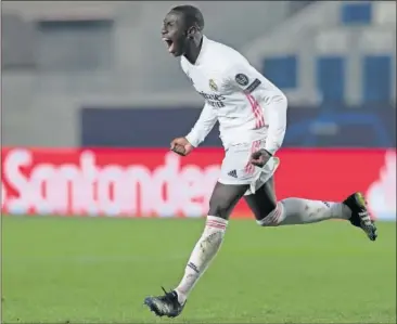  ??  ?? Ferland Mendy celebra el gol que marcó al Atalanta en la ida de octavos de la Champions.