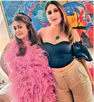  ?? ?? Amrita Arora appeared a la fuzzy pink chicken in a mini at a private party, while Kareena sucked in her cheeks for that perfect-cheekbones look on camera