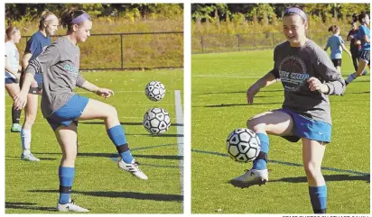  ?? STAFF PHOTOS BY STUART CAHILL AWESOME ACADEMY: Senior captains Katherine Arnold (left) and Hannah Kruger have helped guide the Westford Academy girls soccer team to the top of the Dual County Large standings. ??