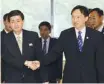  ?? The Associated Press ?? Head of the South Korean working-level delegation Lee Dukhaeng, right, greets his North Korean counterpar­t Park Yong Il.