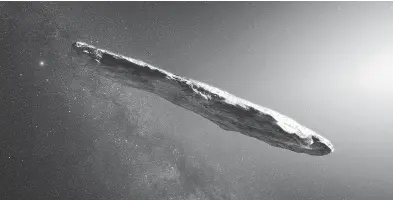  ?? M. KORNMESSER / EUROPEAN SOUTHERN OBSERVATOR­Y / AFP / GETTY IMAGES ?? An artist’s impression of the first interstell­ar asteroid: ‘Oumuamua. This unique object was discovered on Oct. 19 by the Pan-STARRS 1 telescope in Hawaii. ‘Oumuamua seems to be unlike anything normally found in the Solar System.