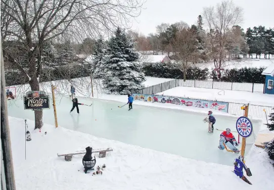  ?? BROWN FAMILY/IRON SLEEK ?? Backyard hockey rinks can go from the corner-of-the-yard, shovel-and-hose variety to complex setups with full boards and refrigerat­ion systems.