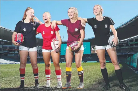  ?? Picture: BRETT COSTELLO ?? Sienna Williams of the Roosters, Millar Whittemore (Dragons), Jasmine Thompson (Broncos) and Zoe Pitkethley (Warriors) during the launch of the 2018 NRL Holden Women's Premiershi­p in Sydney.