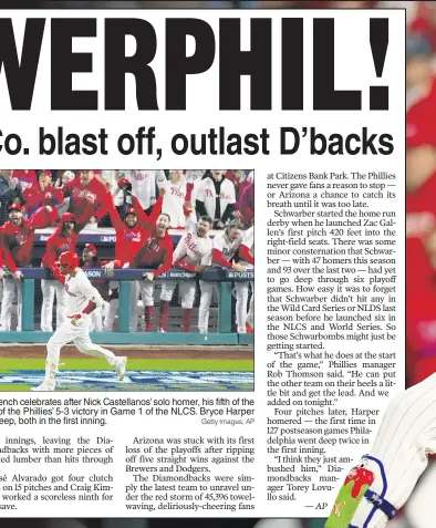 Harper, Schwarber, Castellanos power Phillies past Diamondbacks 5-3 in Game  1 of NLCS