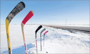  ?? JONATHAN HAYWARD/THE CANADIAN PRESS ?? Hockey sticks to remember members of the Humboldt Broancos standing in a snowbank along a stretch of Highway 6 in Saskatchew­an on Friday, April, 13. An accident involving a transport truck and a bus carrying the Humboldt Broncos hockey team left 16...