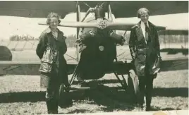  ??  ?? Above left: Amelia Earhart, right, and Anita Snook, her first flight instructor, standing in front of Earhart’s first plane, a Kinner Airster she called the Canary, in California in July 1921. Above right: Amelia Earhart’s first pilot’s license and identifica­tion photo. Earhart was the sixteenth woman to receive a pilot’s license from the Fédération Aéronautiq­ue Internatio­nale, the governing body of sports aviation.