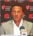  ?? JEFF SCHUDEL — THE NEWS-HERALD ?? Browns quarterbac­k DeShone Kizer speaks to the media on April 29 in Berea. The Browns selected the Notre Dame product with the 52nd overall pick.