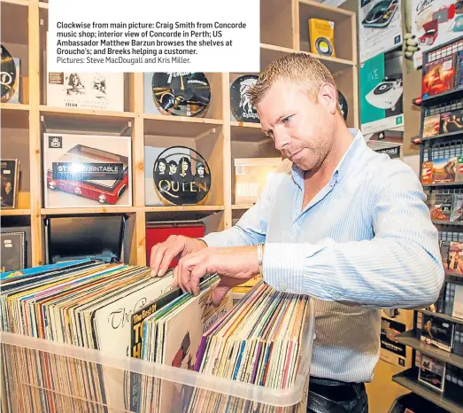  ?? Pictures: Steve MacDougall and Kris Miller. ?? Claopctkio­w isi e fhroe m picture: Craig Smith from Concorde music shop; interior view of Concorde in Perth; US Ambassador Matthew Barzun browses the shelves at Groucho’s; and Breeks helping a customer.