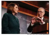  ?? The New York Times/TOM BRENNER ?? House Minority Leader
Nancy Pelosi, at a news conference Thursday with Senate Minority Leader Charles Schumer, called the House spending bill “a tremendous victory for the American people.”