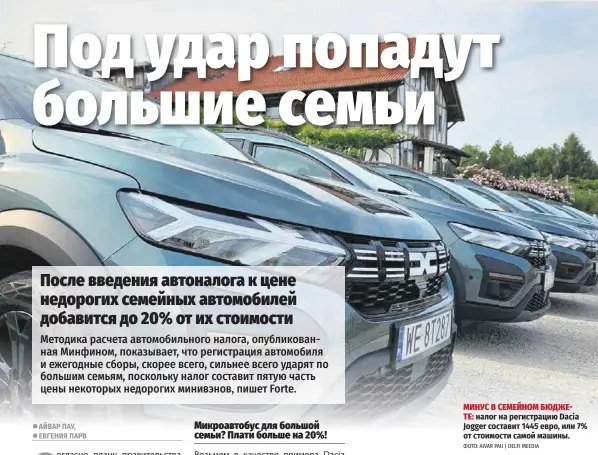  ?? ФОТО: AIVAR PAU | DELFI MEEDIA ?? МИНУС В СЕМЕЙНОМ БЮДЖЕТЕ: налог на регистраци­ю Dacia Jogger составит 1445 евро, или 7% от стоимости самой машины.