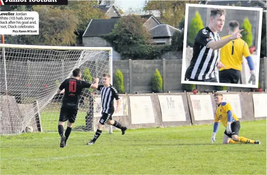  ?? Pics: Karen M Scott ?? Leveller Jordan White (10) hails Jonny Diack after his goal and, inset, Diack celebrates