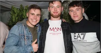  ??  ?? Dan Kinsella, Dylan Hennebery and DJ Hanafin heading into the Oktober Fest in the Festival Dome in Tralee on Saturday night.