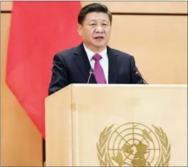  ?? XINHUA ?? President Xi Jinping delivers a keynote speech at the United Nations Office in Geneva, Switrerlan­d, on Jan 18, 2017.