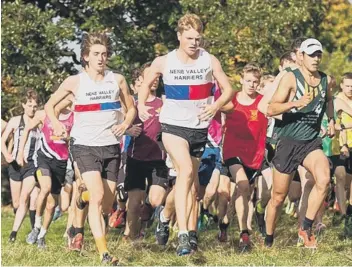  ?? PICTURES: ADRIAN ROYLE ?? Nathan Tweedie and Alex Hampson step it out for Nene Valley Harriers in the senior men’s race.