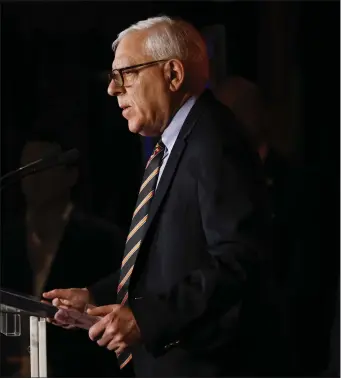  ?? JULIA NIKHINSON — THE ASSOCIATED PRESS ?? Baltimore Orioles majority owner David Rubenstein speaks at a press conference prior to a baseball game against the Los Angeles Angels, Thursday, March 28, 2024, in Baltimore.