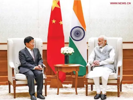  ?? Photo: Xinhua/Man Bo ?? Indian Prime Minister Narendra Modi meets with Chinese State Councilor and Minister of Public Security Zhao Kezhi in New Delhi, India, on October 23, 2018.