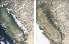  ?? COURTESY OF NASA ?? Satellite imagery shows the snowpack in the Sierra Nevada on April 1, far left, and on June 1.