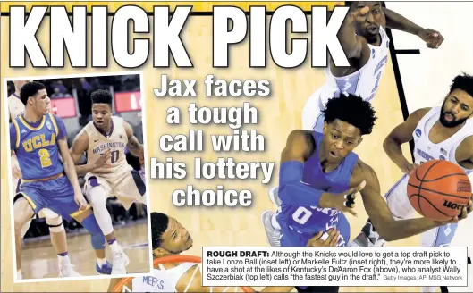  ?? Getty Images; AP; MSG Network ?? ROUGH DRAFT: Although the Knicks would love to get a top draft pick to take Lonzo Ball (inset left) or Markelle Fultz (inset right), they’re more likely to have a shot at the likes of Kentucky’s De’Aaron Fox (above), who analyst Wally Szczerbiak (top...