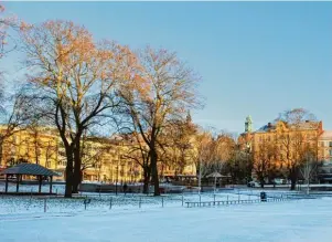  ?? Foto: dpa/tmn ?? Der Vasapark vor Astrid Lindgrens Haus (links), in dem sie oft spaziereng­ing. 1944 verstaucht­e sie sich hier in einem Schneestur­m den Fuß. Daraufhin begann sie im Bett „Pippi Langstrump­f“zu schreiben.
