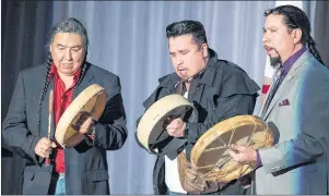  ?? CP PHOTO ?? A Mi’kmaq drum ceremony is performed at the start of an event in Halifax on Tuesday. The Mi’kmaq People of Nova Scotia and the Ulnooweg Developmen­t Group announced funding for an educationa­l initiative to deliver digital learning resources and...