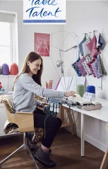  ??  ?? Katie makes a start on a machine-knitted geometric cushion cover in electric blue and green; Border collie Bob; Loopy Ewes products are vibrant and colourful